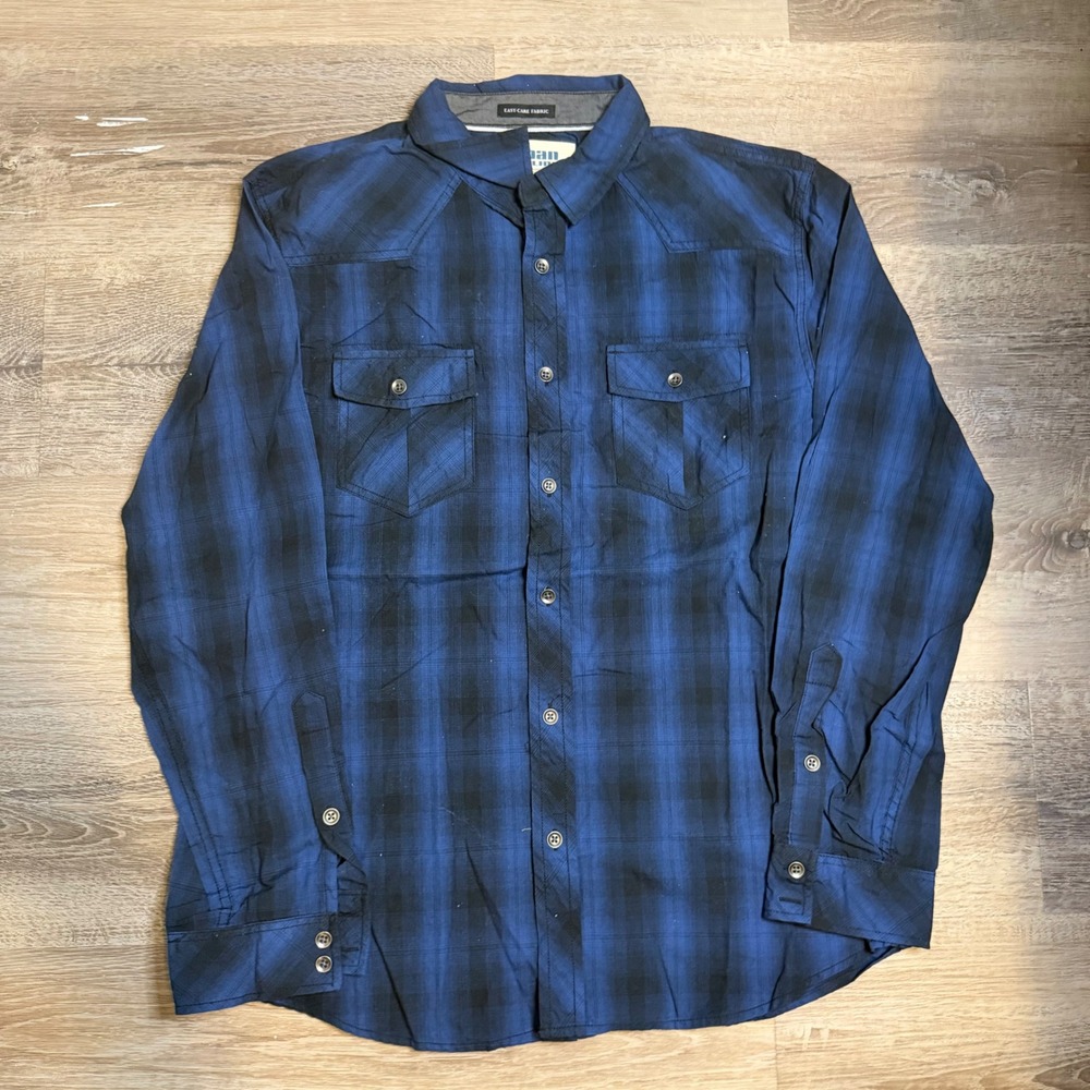 Urban Pipeline Mens Large Blue Black Plaid Western Button Down Long Sleeve Shirt